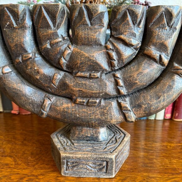 Vintage Large Carved Wood 7 Branch Menorah/Candelabra Signed - Picture 4 of 17